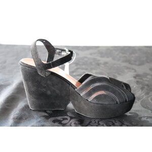 Robert Clergerie Women Size 11 Black Platform Sandals Open Toe Wedge Suede Pumps